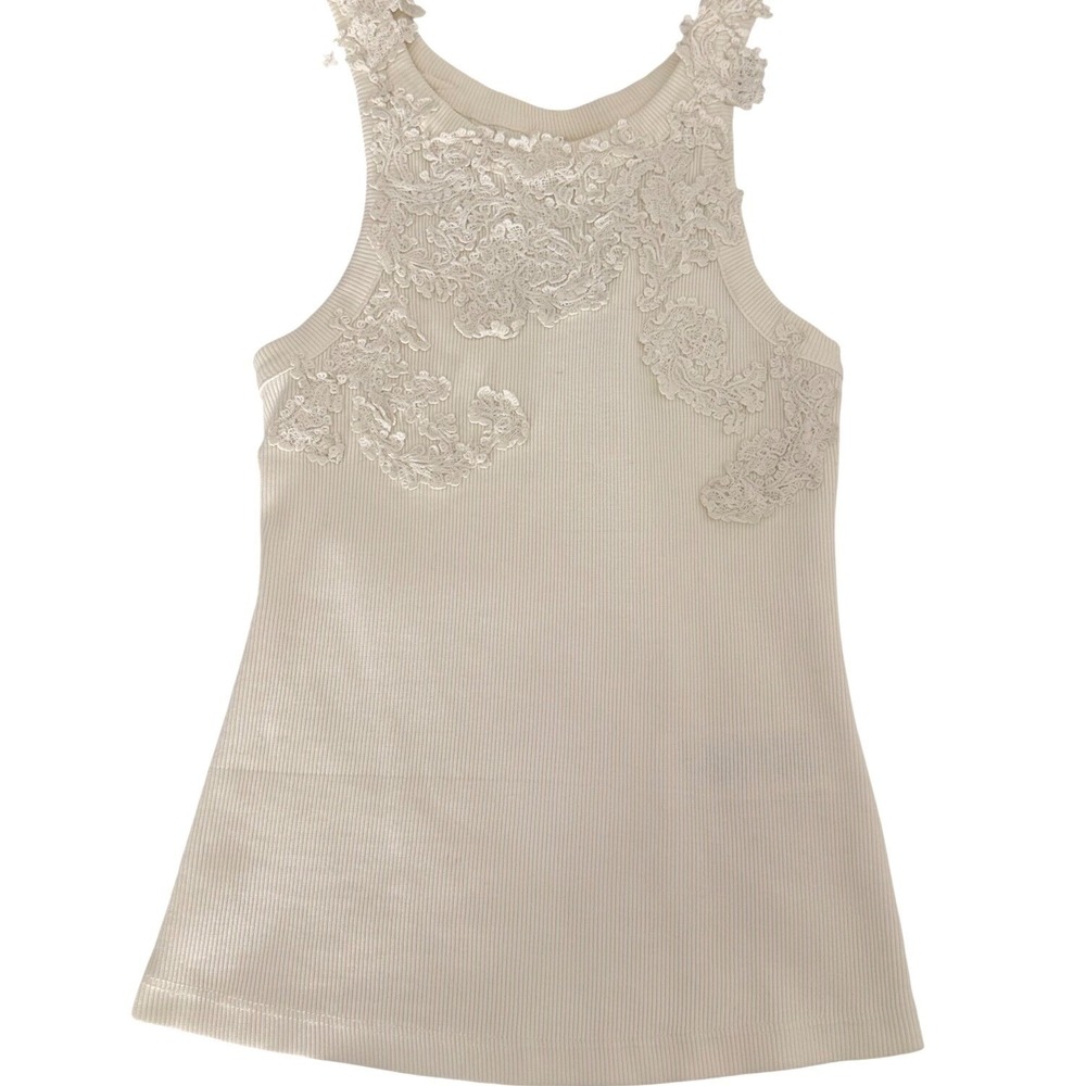 Anthropologie Lace Applique Ribbed Tank Top Cream Ivory High Neck XS Slim Fit - Picture 5 of 10